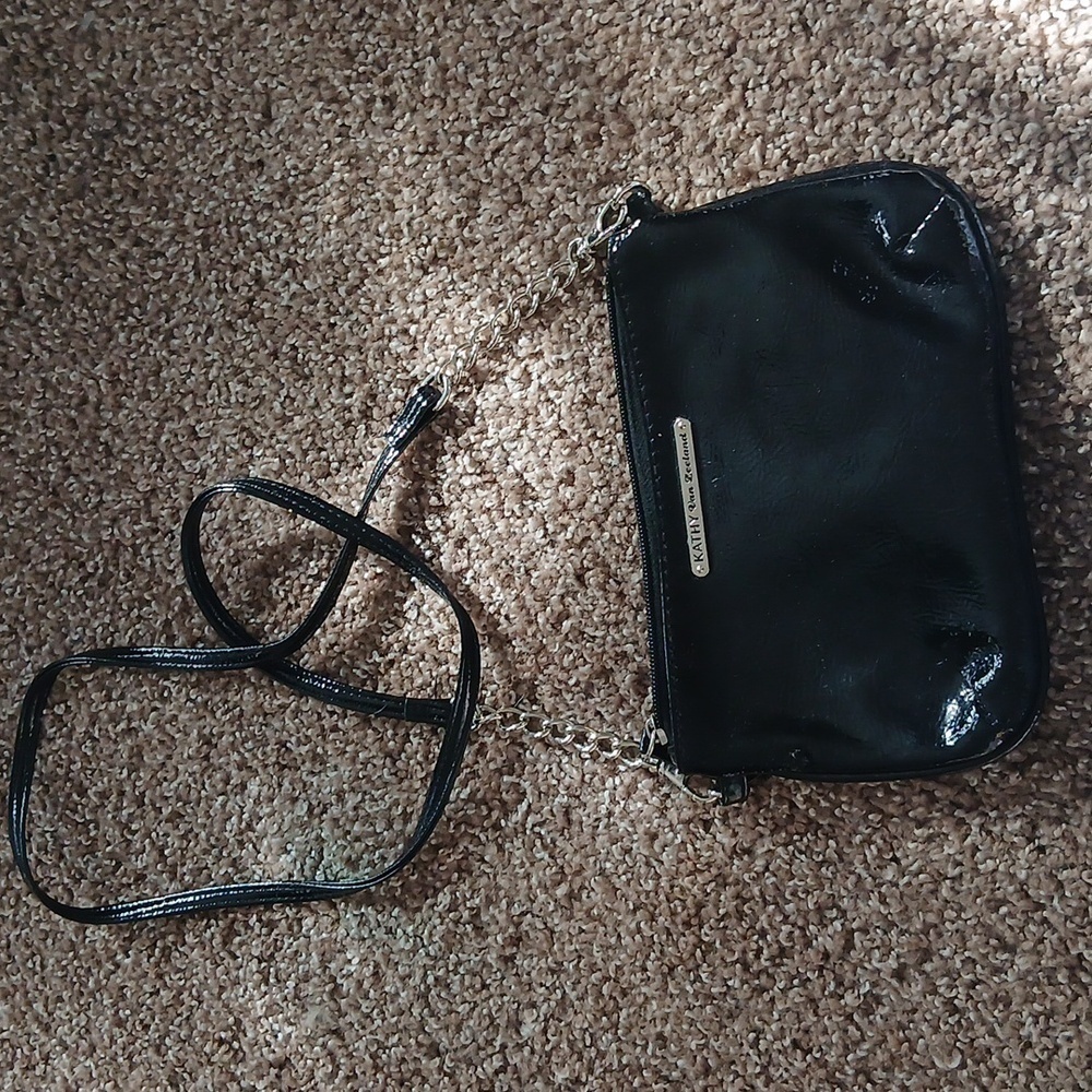 Kathy Van Zealand black chain strap patten leather crossbody bag